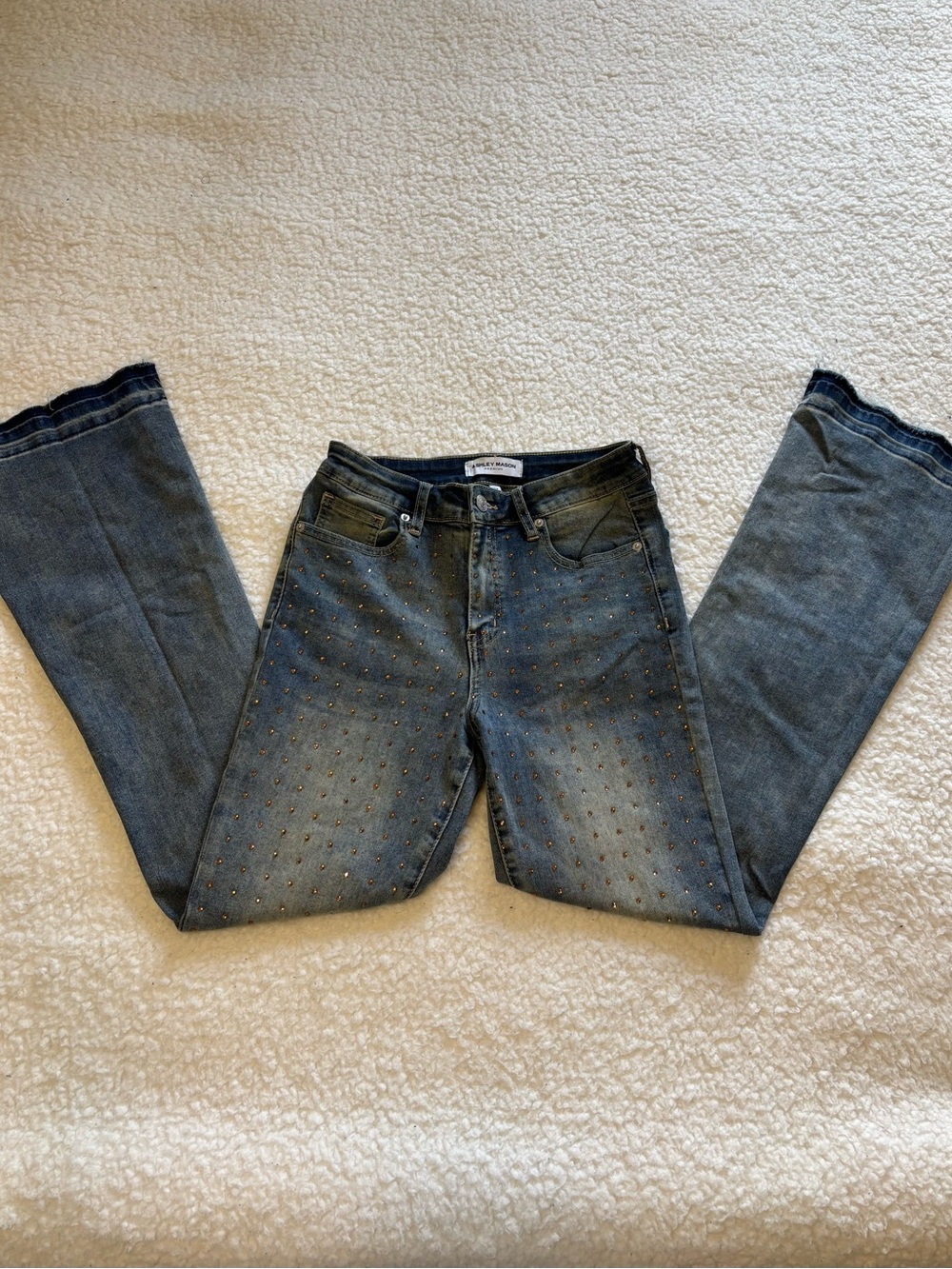 Ashley Mason Women Dark Wash Embellished Rhinestone Flare Jeans